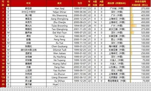 中国国家队身价排名-中国国家队的总身价是多少